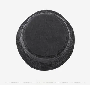 Top down view of washed charcoal grey denim bucket hat with detailed stitching