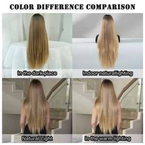 Color difference comparison of long blonde wig under indoor, natural and warm lighting views