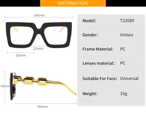 Detailed size chart for square fashion glasses including frame width and temple length
