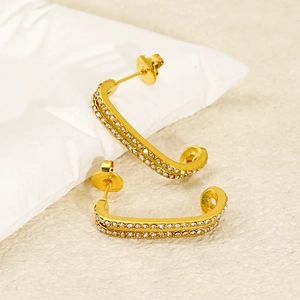 Luxurious double-layer gold U-shaped earrings with micro-pave white zircon crystals