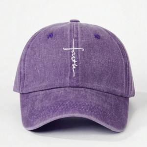 Adjustable purple washed cotton baseball cap with white faith cross embroidery
