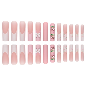 Extra long ballet press-on nails with 3D bows, cherry charms and pearls in French style