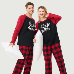 Matching Christmas pajama set featuring Buffalo check pants and Merry Christmas letter print
