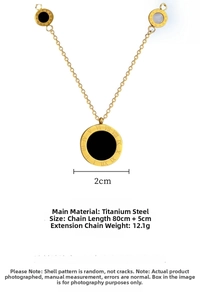 Macro detail of gold titanium steel sweater necklace with Roman numeral shell pendants