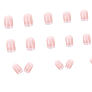 Short square French tip press-on nails in soft nude pink with glossy finish 24pcs