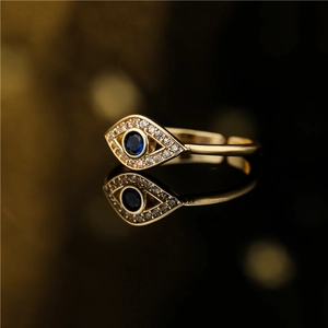 18K gold plated evil eye open ring with blue center stone and white zircon accents