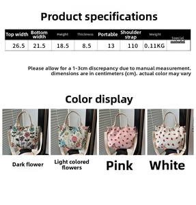 Detailed size chart for floral canvas tote bags with strap and handle measurements