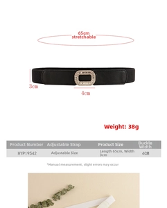 Size guide for black elastic waist belt with rectangular rhinestone buckle and dimensions