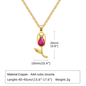 Detailed view of tulip pendant measurements with red cubic zirconia and dimensions