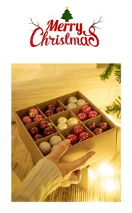 Red and silver Christmas ball ornaments set in a kraft paper box with holiday tree decor