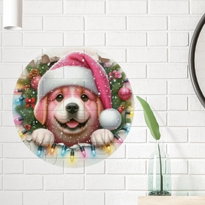 Christmas puppy wall sticker featuring a dog with Santa hat and festive floral wreath