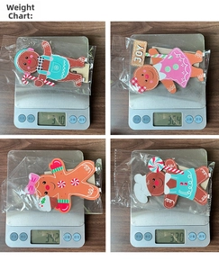 Detailed view of wooden gingerbread man ornaments on scale showing light weight and dimensions