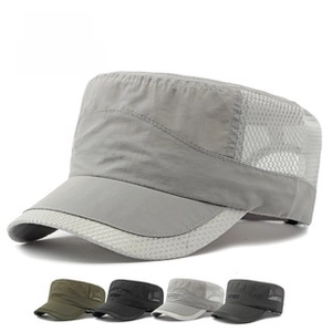 Detail of gray breathable mesh flat top military cap with sport embroidery and color options