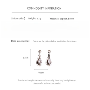 Detailed size specifications for zircon drop earrings with copper base material