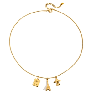 18K gold plated stainless steel necklace with passport, Eiffel Tower and plane charms