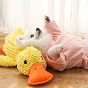 Dettaglio della felpa rosa per animali e grande anatra di peluche gialla