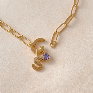 Dettaglio di una collana a graffetta dorata con lettera S testurizzata e ciondolo viola.