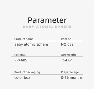 Detailed specifications table for Baby Atomic Sphere showing PP and ABS materials