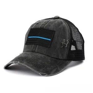 Dunkelgraue Trucker-Kappe mit Distressed-Look und Thin Blue Line Flaggen-Stickerei