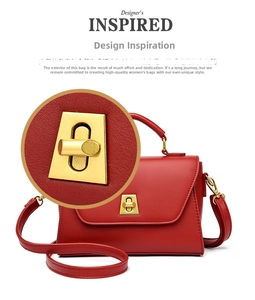 Detail of red leather crossbody bag with golden twist-lock closure and elegant handle