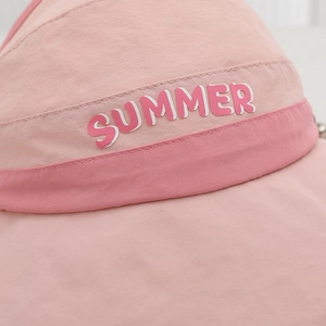 Pink wide brim summer sun visor for kids with SUMMER bold letter embroidery detail