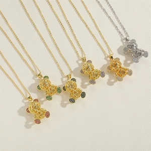 6-piece set of 14K gold plated hollow bear pendant necklaces with colorful zircon stones
