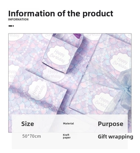 Detail of purple mermaid scale kraft wrapping paper with Happy Birthday text and blue bow