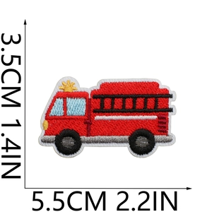 Detailed view of red fire truck embroidered patch with 5.5cm x 3.5cm dimensions
