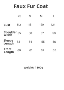Detailed size chart for animal print faux fur jacket with chest and length measurements