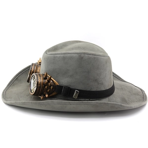 Grey suede steampunk top hat featuring decorative bronze goggles with spikes and gears