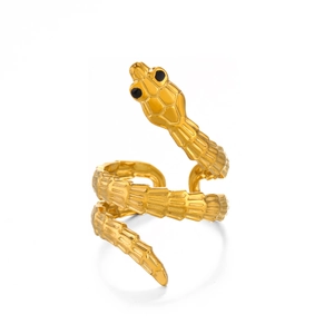 Golden snake-shaped wrap ring with textured scales and black eye detail on white background