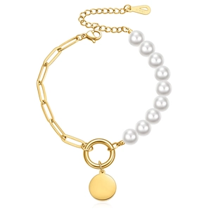 Elegant 18KGP gold plated paperclip chain bracelet with white pearls and round pendant