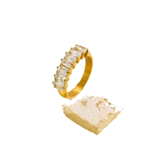 Luxury gold stainless steel ring featuring five rectangular zircons on a white background