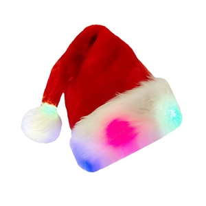 Plush Christmas hat with colorful LED lights in classic red and white festive design