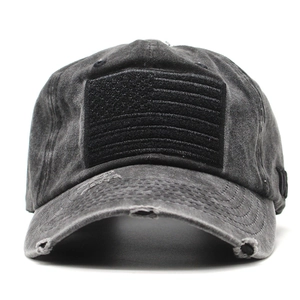 Vintage washed charcoal baseball cap with USA flag embroidery and distressed brim detail