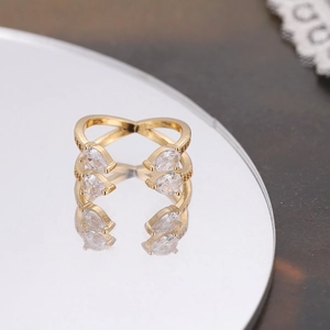 Minimalist golden X-shaped crossover open ring with pear-shaped cubic zirconia stones