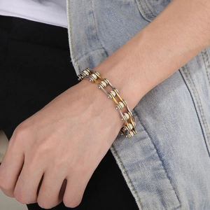 Men's two-tone bike chain bracelet in gold and silver steel with cubic zirconia