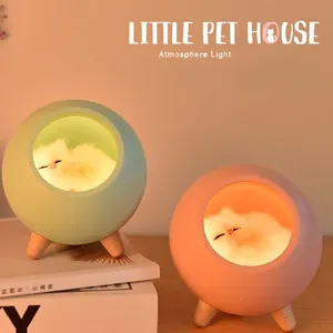 Cute pet house night light with LED atmosphere and wooden legs for bedroom bedside decor