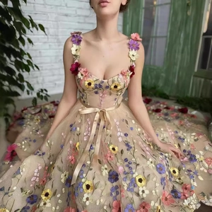 Robe en mesh champagne avec broderies florales colorées et ceinture à nœud élégante