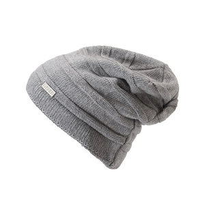 Winter casual gray knit beanie with fashion label for warm outdoor windproof style