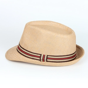 Detail view of woven straw fedora hat featuring a stylish red and black striped ribbon band