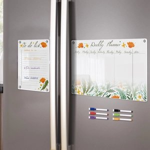 Clear acrylic magnetic weekly planner and to-do list set with 6 markers on fridge