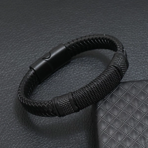 Braided black leather multi-layer men's bracelet with a textured stainless steel magnetic clasp