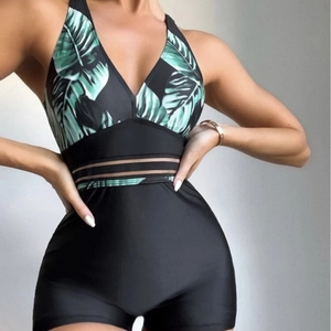 One Piece Swimsuit Women Tropical Palm Leaf Print V Neck Mesh Waist Boyleg Conservative Beachwear Bathing Suit