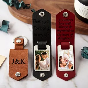 Custom leather photo keychain in brown, black and burgundy for personalized gifts