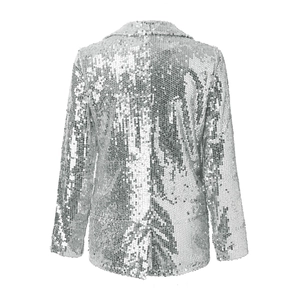 Detailed back view of a sparkling silver sequined blazer with premium metallic texture