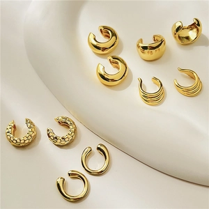 French Retro C-Shaped Ear Cuffs 18K Gold Plated Copper Non-Pierced High Polished Minimalist Multi-Layer Jewelry For Women