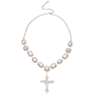 Resin cross pendant necklace with large clear rhinestones and silver finish for women