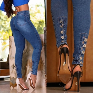 High Waist Skinny Jeans Dames Stretch Denim Broek Enkel Knoop Detail Distressed Slim Fit Streetwear Broek