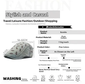 Detailed chart showing washed denim newsboy hat specifications and leaf embroidery